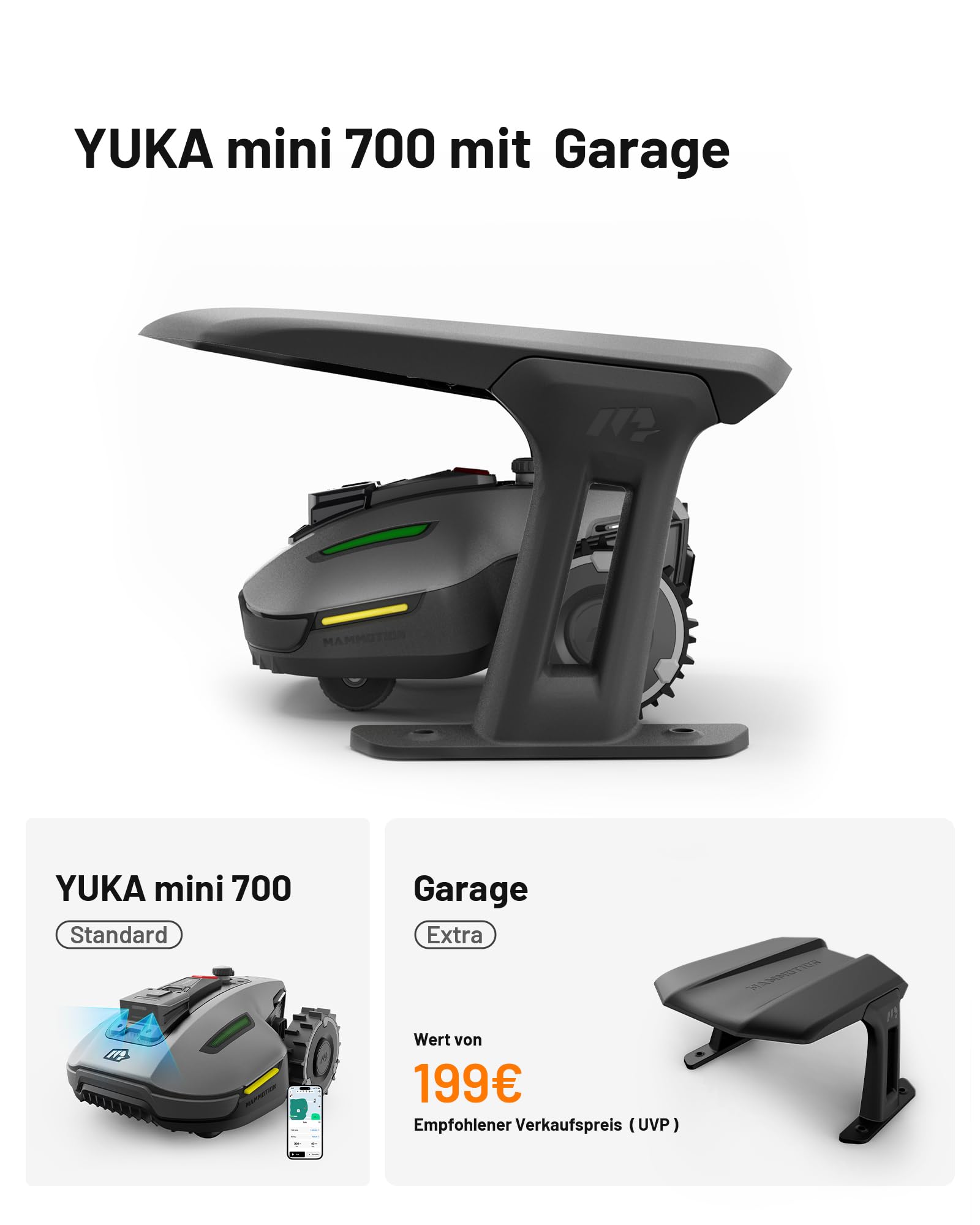 MAMMOTION YUKA Mini 700 Mähroboter mit Garage, NetRTK+Vision, Auto-Kartierung, bis 1100 m² (empf. 700 m²), 4G, 50 % Steigung, keine RTK-Antenne nötig