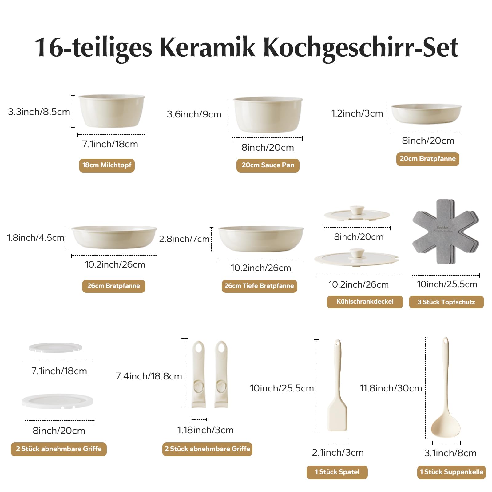 Redchef Topfsets Pfannenset 16-Teilig Antihaft-Keramik-Kochgeschirr-Set mit Abnehmbaren Griffen, Pfanne 20/26cm, Tiefe Bratpfanne 26cm