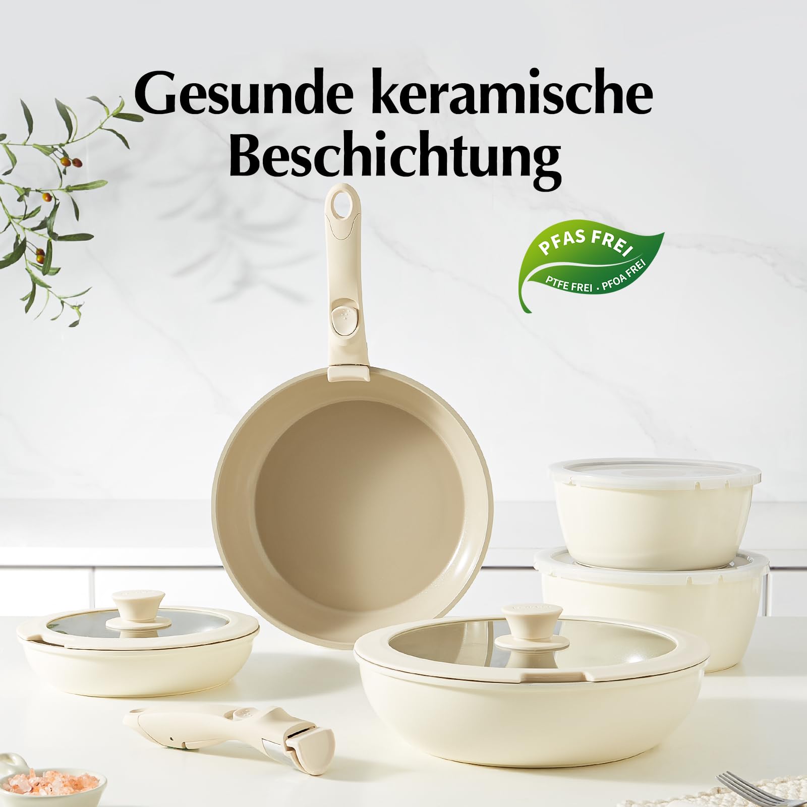 Redchef Topfsets Pfannenset 16-Teilig Antihaft-Keramik-Kochgeschirr-Set mit Abnehmbaren Griffen, Pfanne 20/26cm, Tiefe Bratpfanne 26cm