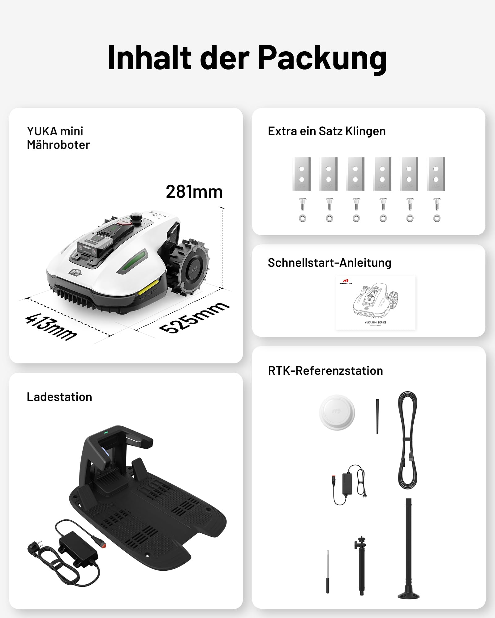 MAMMOTION YUKA Mini 500 Mähroboter ohne Begrenzungskabel (bis 500 m², NetRTK+Vision, KI-Hindernisvermeidung, App-Steuerung mit 4G, 50% Steigung)