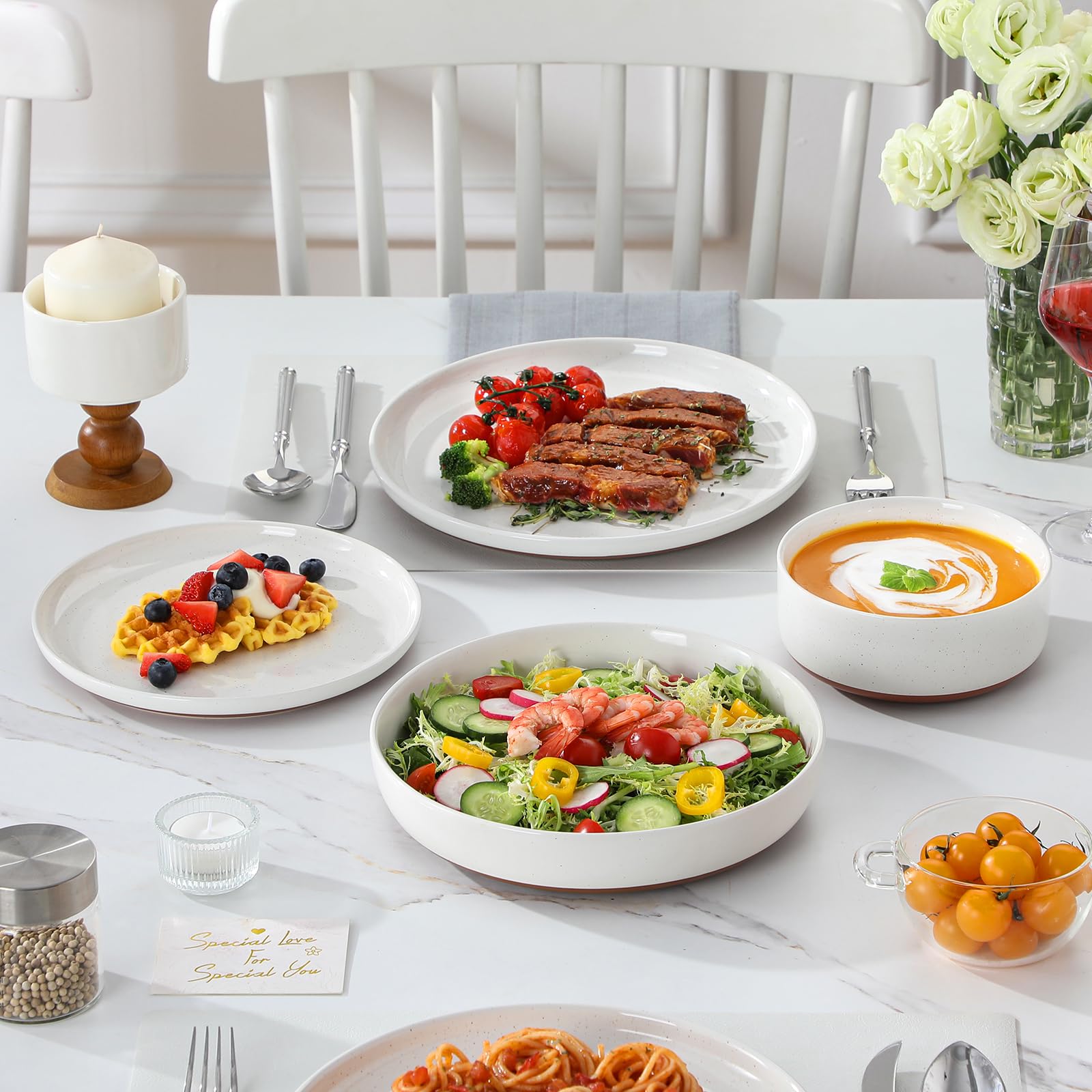 MALACASA Geschirrset 6 Personen, TARA 24-teiliges Steingut Geschirr Set - Schüssel- und Teller Set, Tafelservice mit je 6 Speiseteller, Dessertteller
