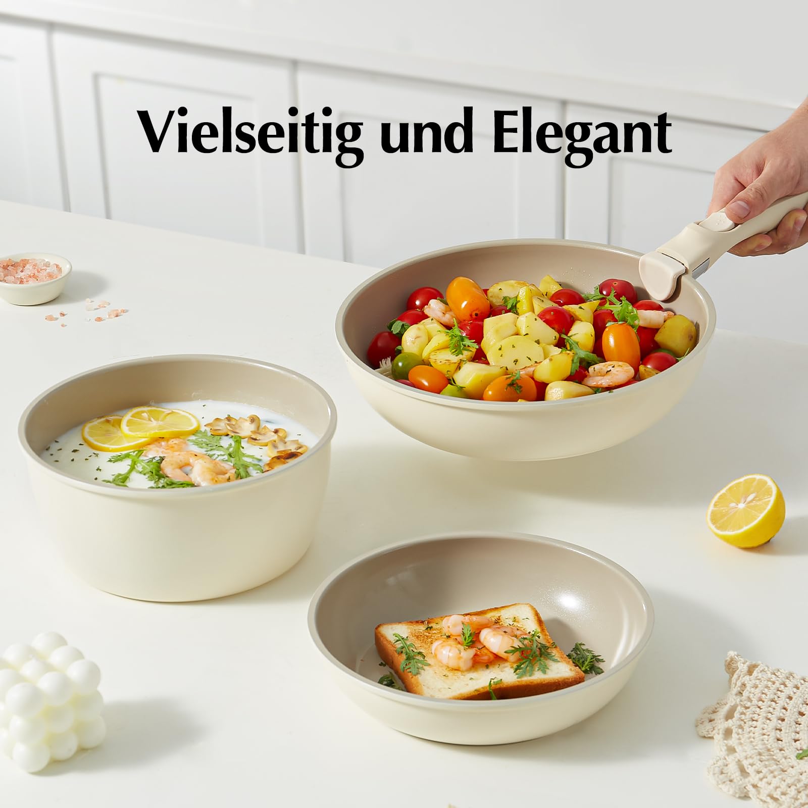 Redchef Topfsets Pfannenset 16-Teilig Antihaft-Keramik-Kochgeschirr-Set mit Abnehmbaren Griffen, Pfanne 20/26cm, Tiefe Bratpfanne 26cm