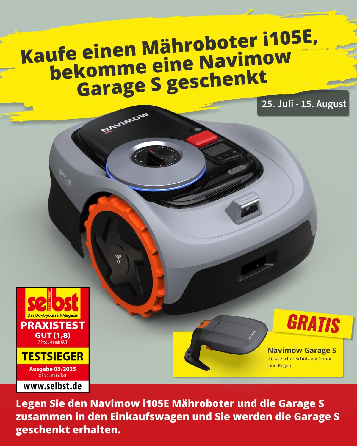 Navimow i105E Mähroboter ohne Begrenzungskabel (bis 600 m², RTK+Vision, KI-Auto-Kartierung, Igelschutz)