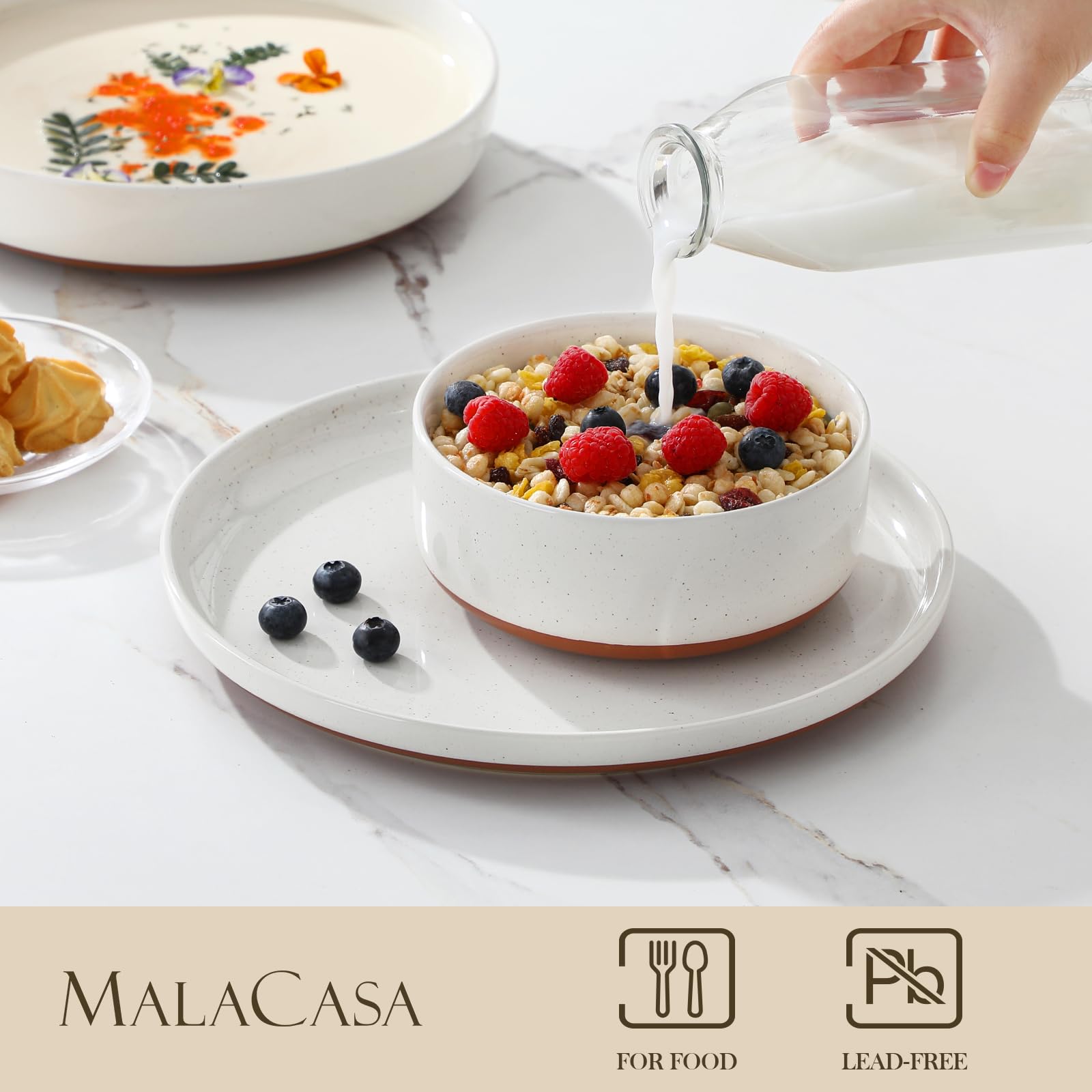 MALACASA Geschirrset 6 Personen, TARA 24-teiliges Steingut Geschirr Set - Schüssel- und Teller Set, Tafelservice mit je 6 Speiseteller, Dessertteller