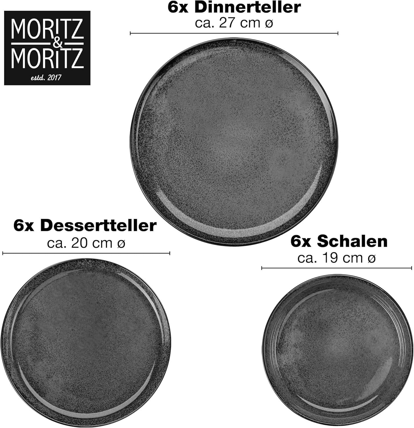Moritz & Moritz VIDA Geschirrset 6 Personen Anthrazit 18-tlg. - Modernes Porzellan Geschirr Set - Kratz-, Mikrowellen- & Spülmaschinenfest