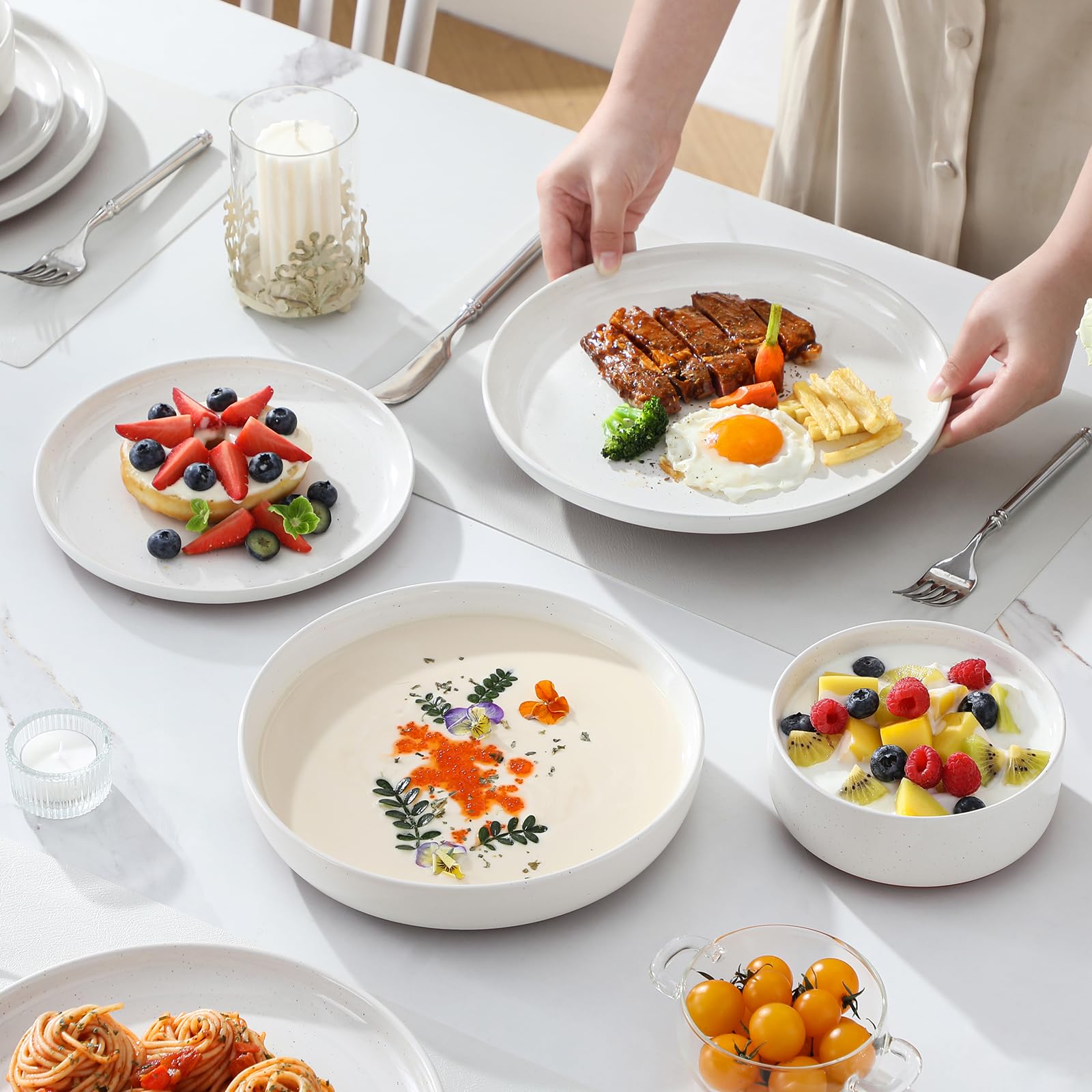 MALACASA Geschirrset 6 Personen, TARA 24-teiliges Steingut Geschirr Set - Schüssel- und Teller Set, Tafelservice mit je 6 Speiseteller, Dessertteller