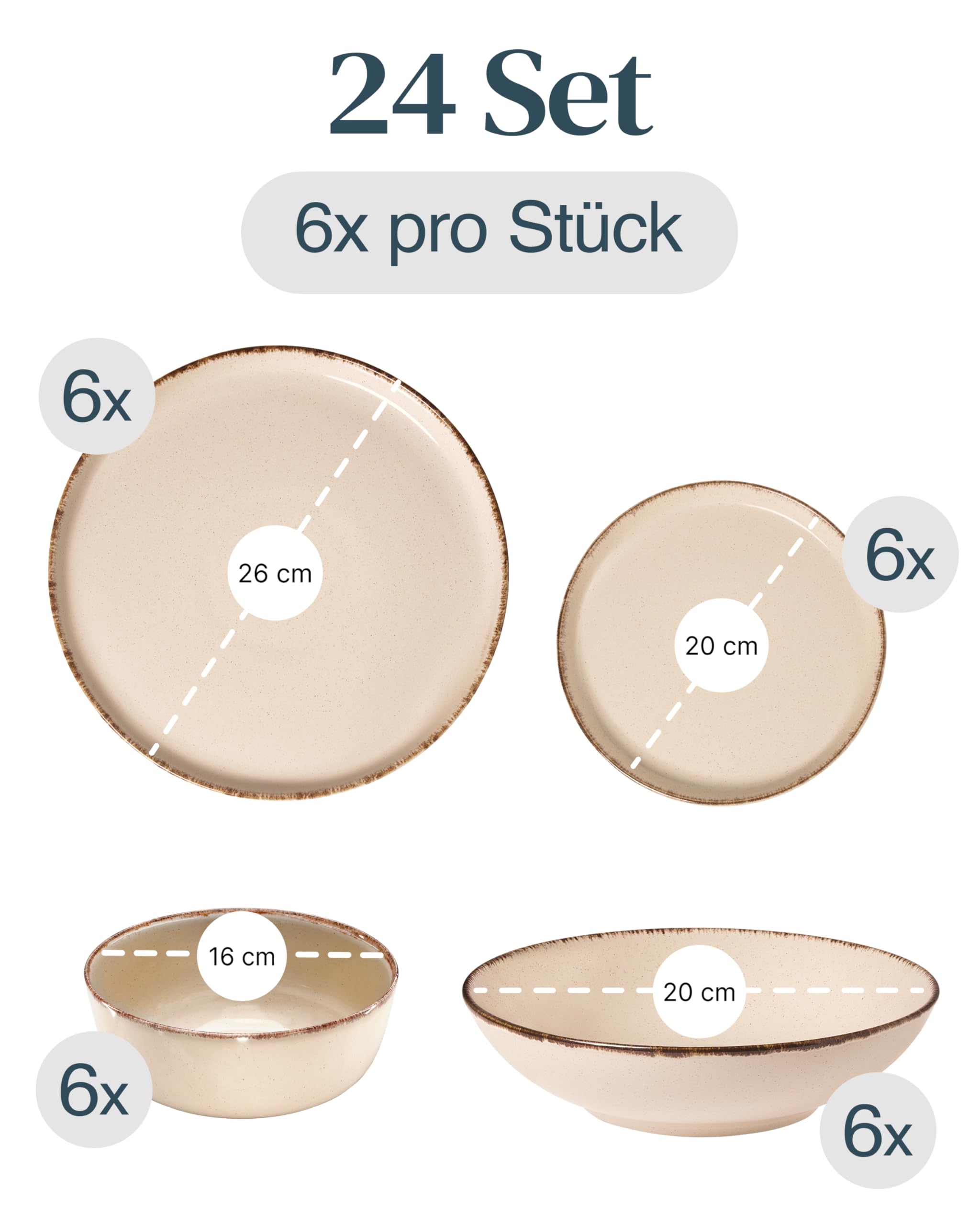 Steingut Geschirrset 6 Personen Rustic 24 tlg. TESTSIEGER, Hochwertiges Landhaussttil Steingut Geschirr Set, Schüssel- und Teller Set, Tafelservice