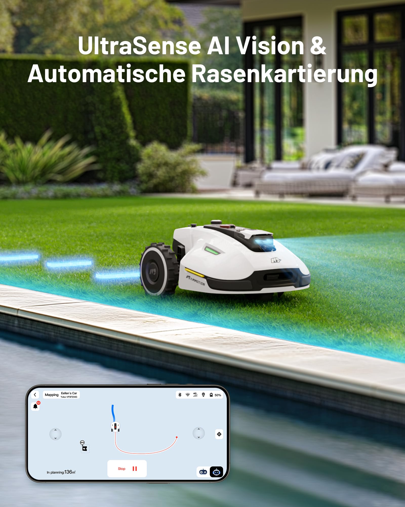 MAMMOTION YUKA 2000 Mähroboter mit Kehrmaschine (bis 2800 m², empfohlen 2000 m², NetRTK+Vision, Auto-Kartierung, 4G-Modul, 80%, ohne RTK-Antenne)