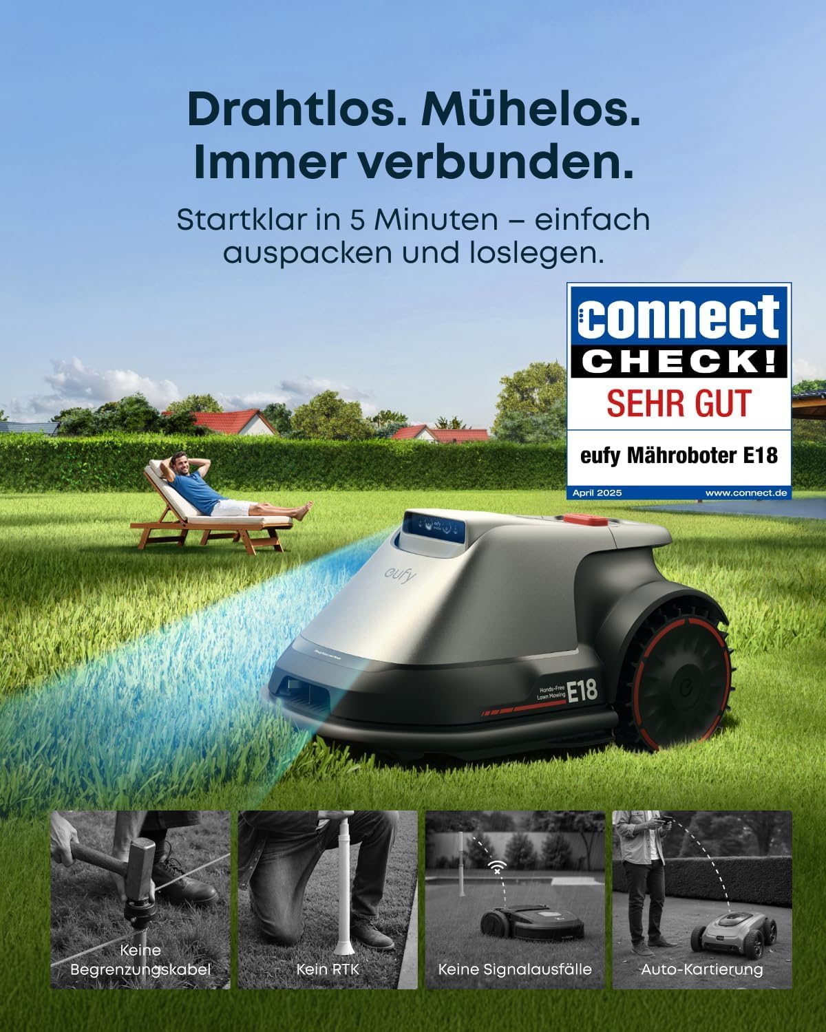 eufy E18 Mähroboter ohne Begrenzungskabel (bis 1200 m², TrueVision, GNSS, Präzisionsrandschnitt, Hindernisvermeidung, App-Steuerung)