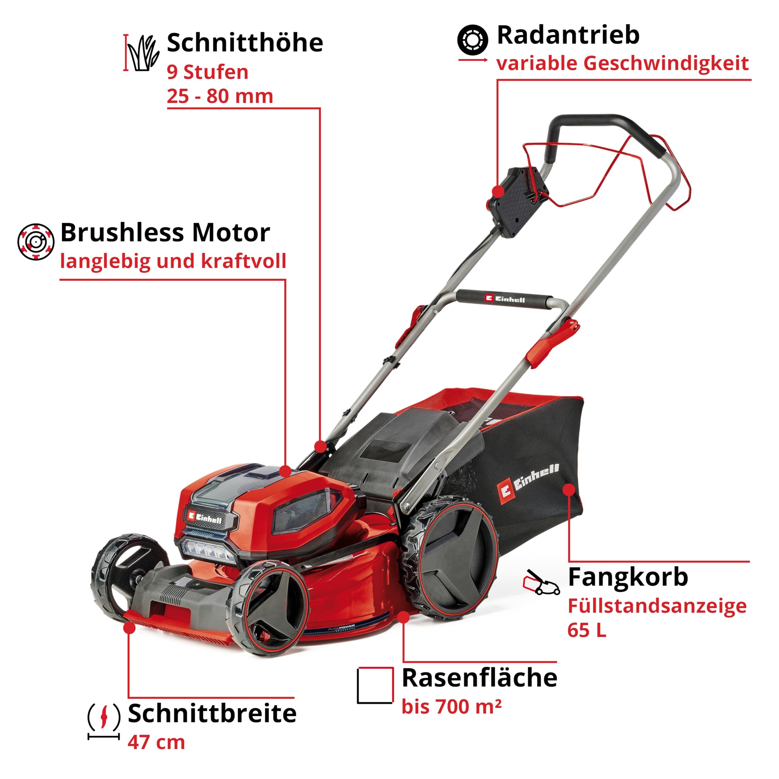 Einhell Akku-Rasenmäher GP-CM 36/47 S Li BL Kit (36 V, 47 cm, bis 700 m², Brushless, 65 L Fangkorb, Radantrieb, inkl. 4x 4,0 Ah Akkus & 2x Twincharger)