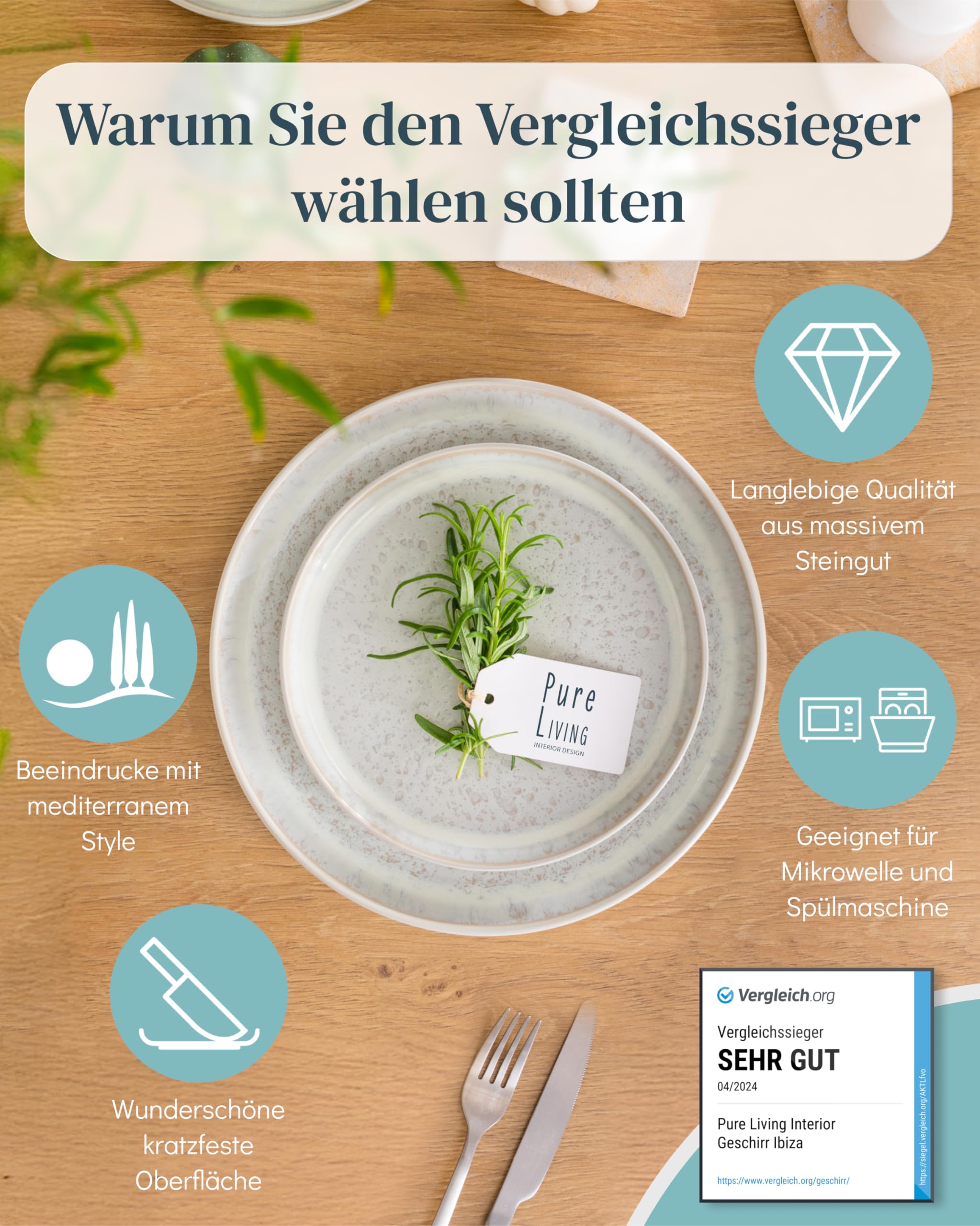 Steingut Geschirrset 6 Personen Ibiza 24 tlg. TESTSIEGER, Hochwertiges Mediterranes Steingut Geschirr Set, Schüssel- und Teller Set, Tafelservice