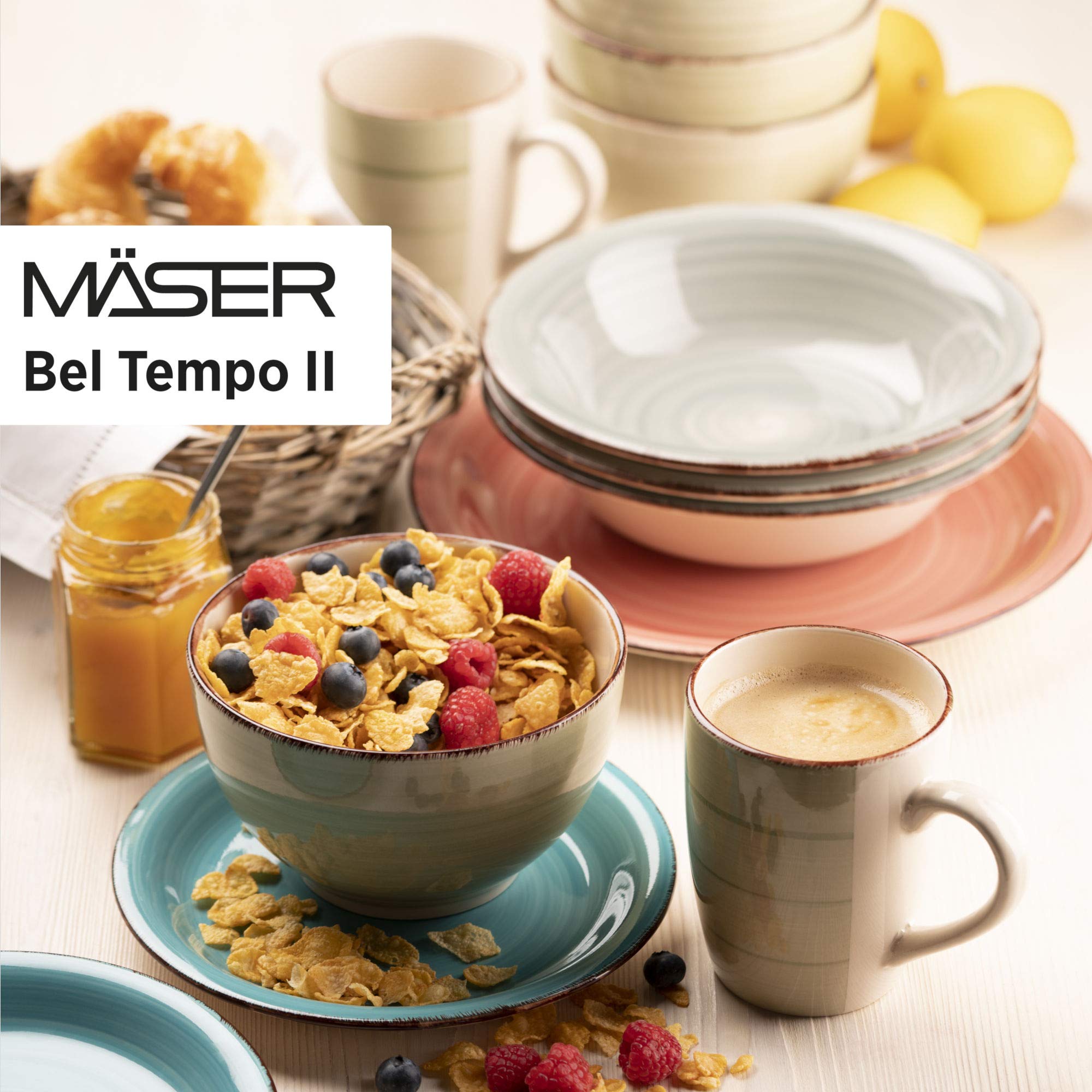 MÄSER 931612 Bel Tempo II 30-teiliges Vintage Geschirr Set für 6 Personen, handbemaltes Keramik Kombiservice in Blau, Steingut, Rauchblau