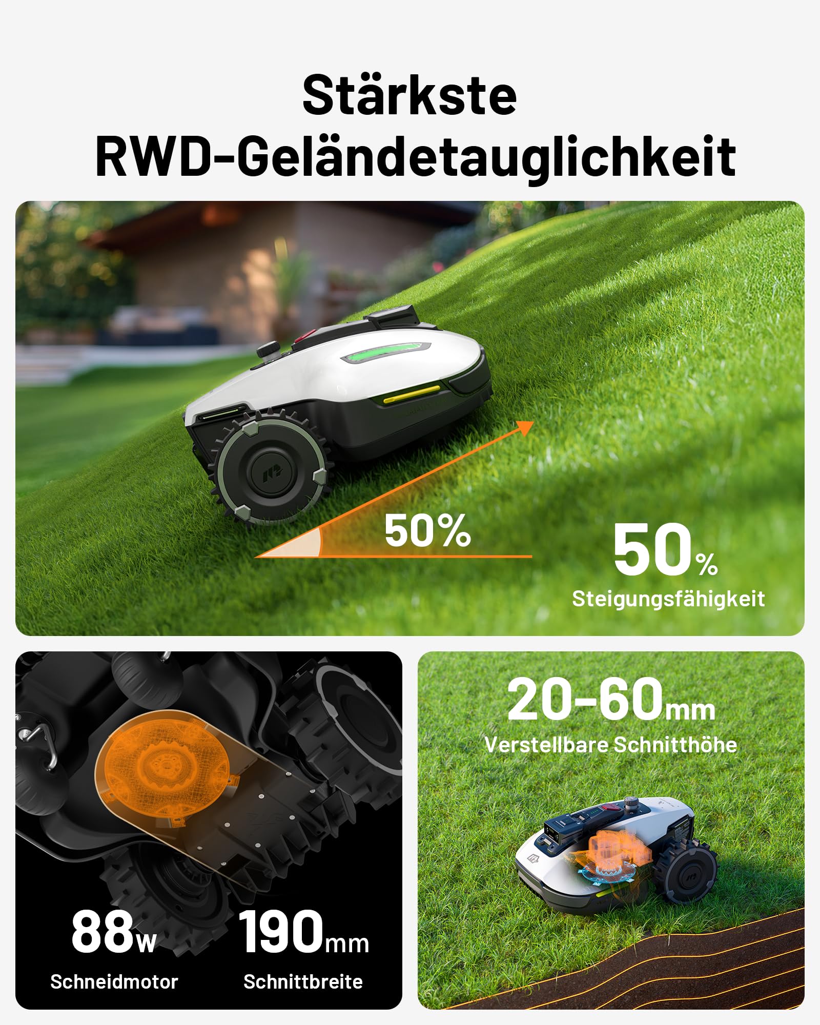 MAMMOTION YUKA Mini 500 Mähroboter ohne Begrenzungskabel (bis 500 m², NetRTK+Vision, KI-Hindernisvermeidung, App-Steuerung mit 4G, 50% Steigung)