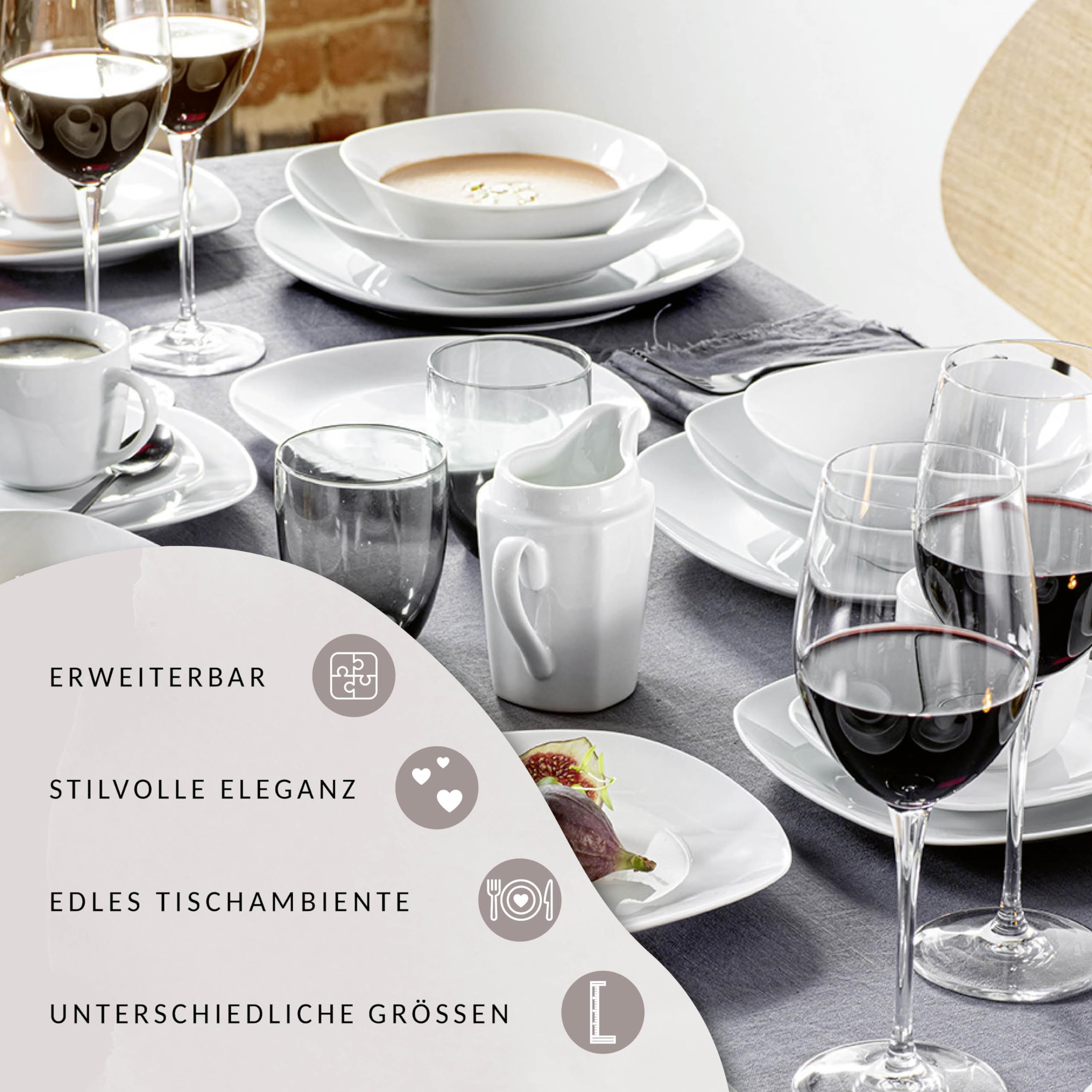 SÄNGER | Tafelservice Bilgola Weiß, 18-teiliges Geschirrset für 6 Personen mit Suppen-, Dessert-, & flachen Tellern aus Porzellan | PREMIUM COLLECTION