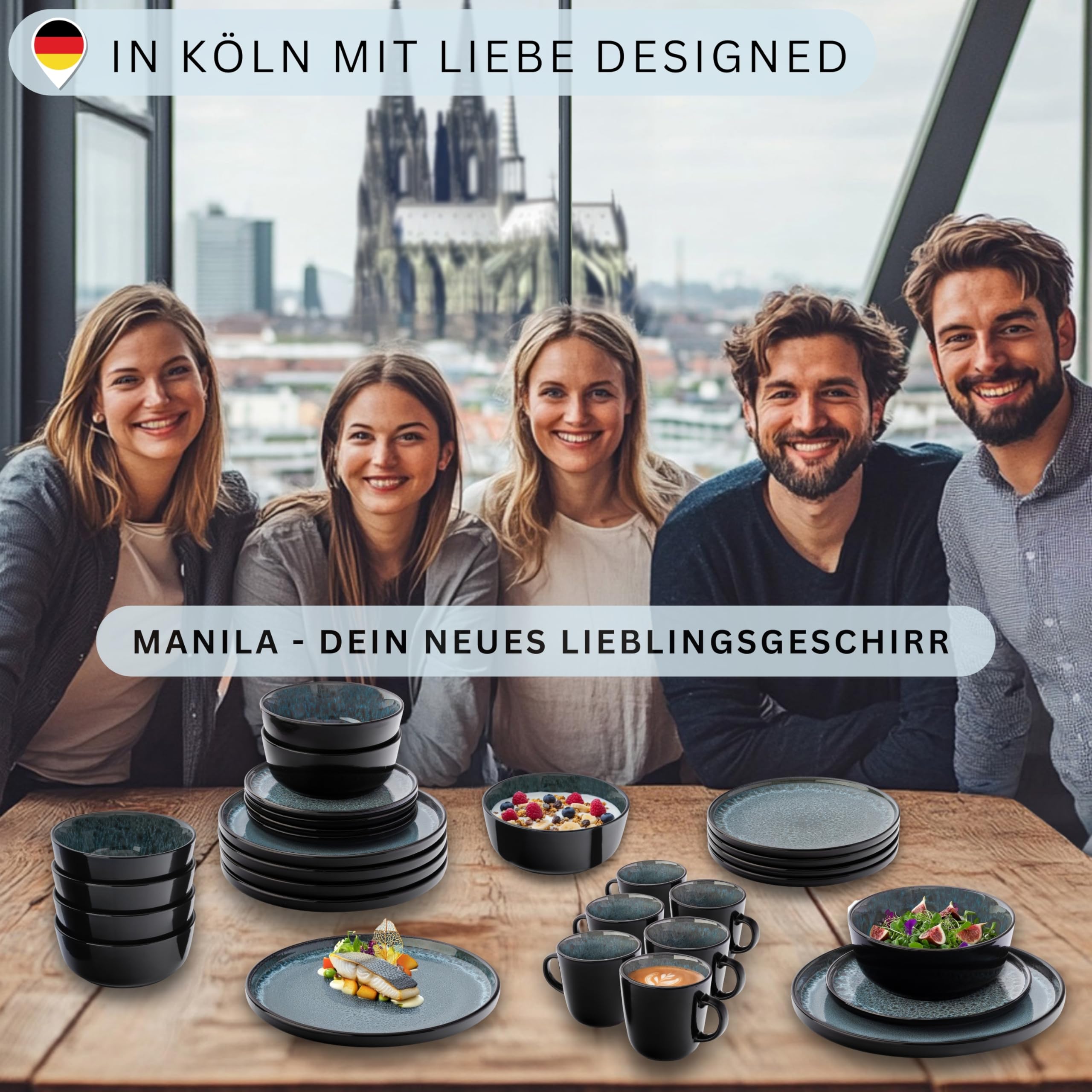 SÄNGER Manila | Kombiservice 6 Personen, Teller Set Kaffeebecher Pastaschale 30 tlg, Steingut Geschirr Set spülmaschinen- mikrowellen- kratzfest