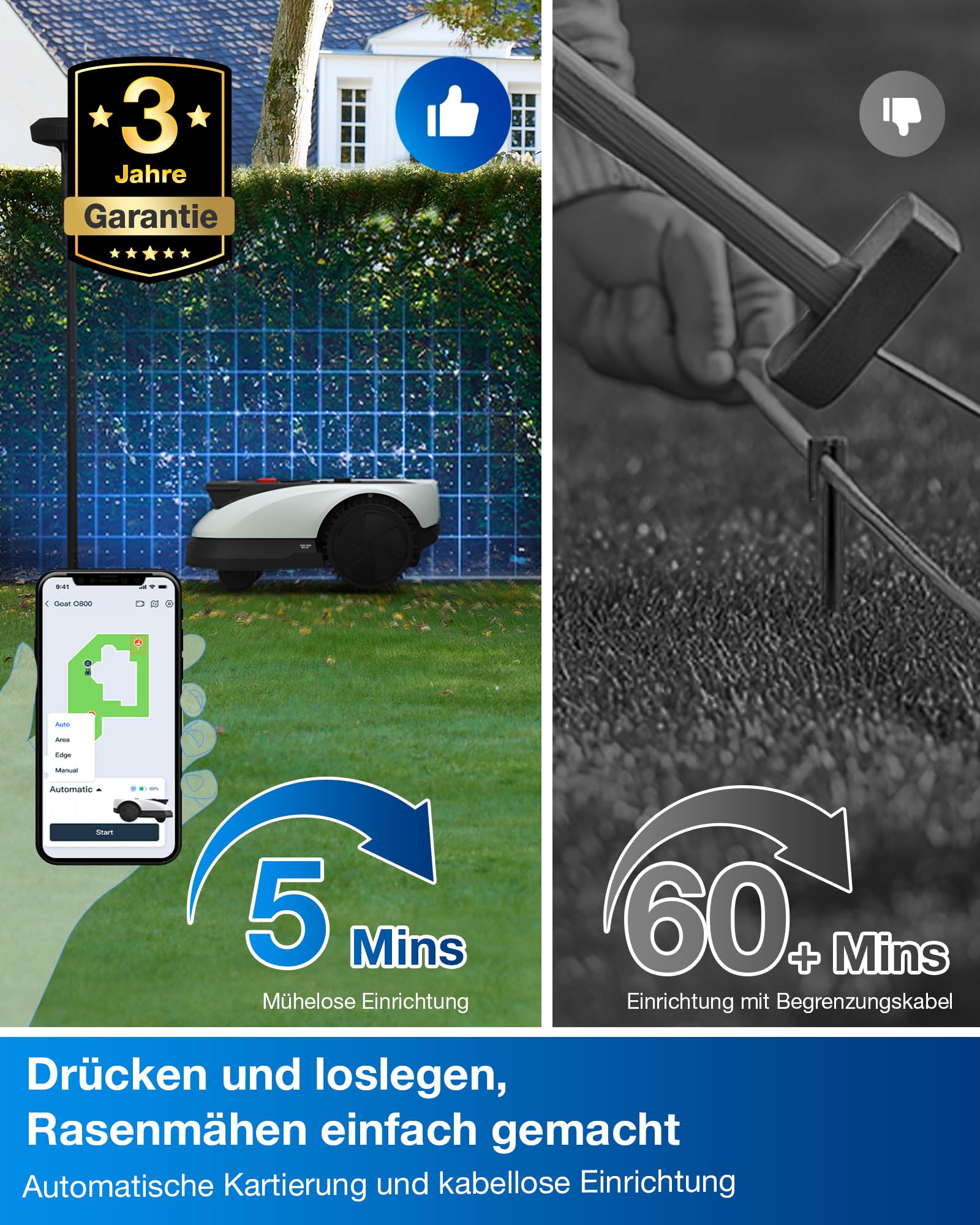 ECOVACS Goat O500 Mähroboter, ohne Begrenzungskabel, 500 m², Auto-Kartierung, LiDAR-Navigation, 0,7 m Engstellen, logisches Mähen
