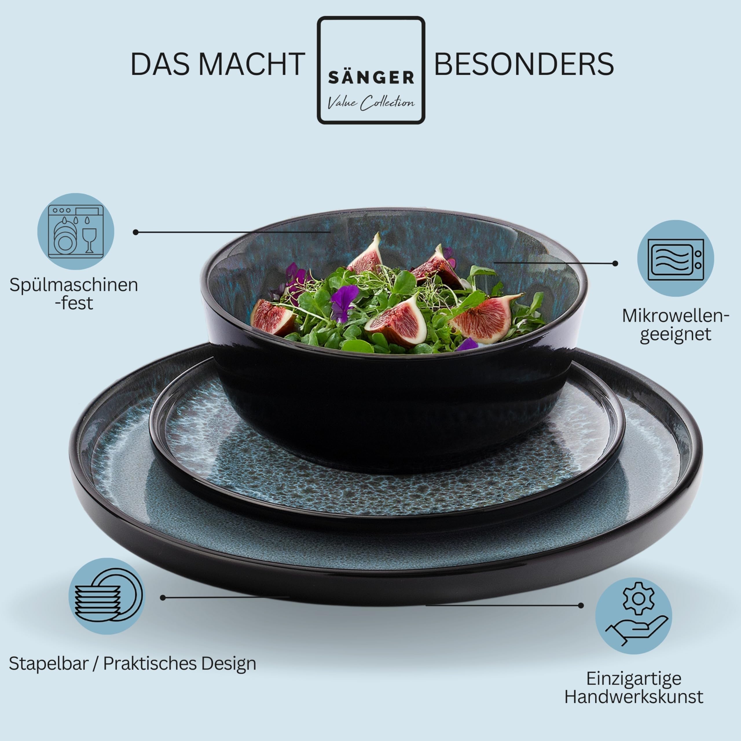SÄNGER Manila | Kombiservice 6 Personen, Teller Set Kaffeebecher Pastaschale 30 tlg, Steingut Geschirr Set spülmaschinen- mikrowellen- kratzfest