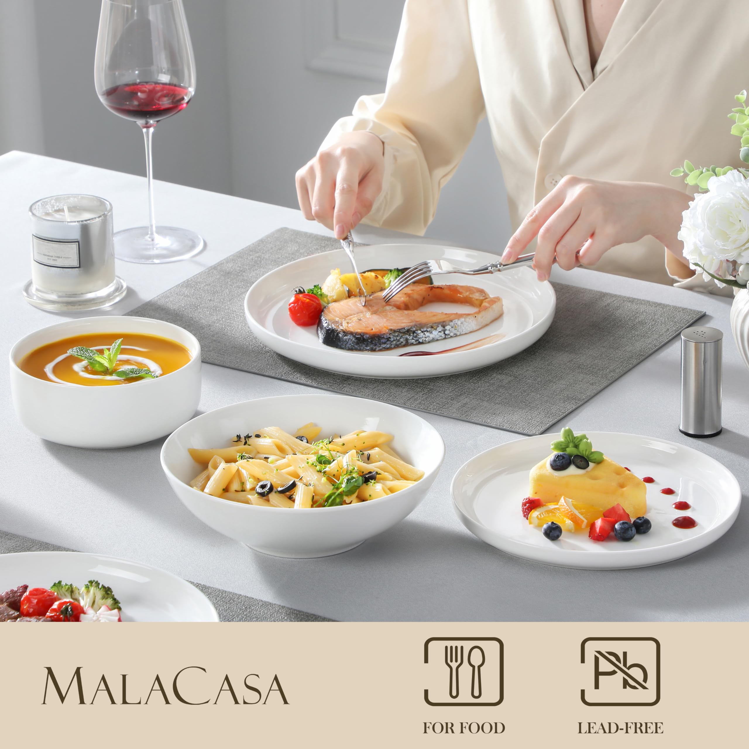MALACASA Geschirrset 6 Personen, LUNA 24-tlg Tafelservice aus Weißem Porzellan, Modernes Geschirr Set mit je 6 Speiseteller, Dessertteller