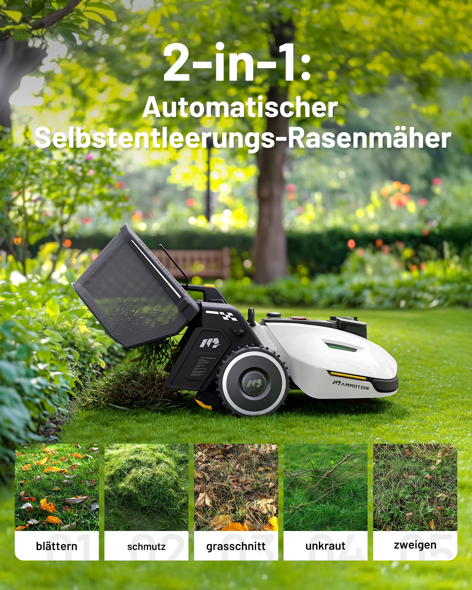 MAMMOTION YUKA 2000 Mähroboter mit Kehrmaschine (bis 2800 m², empfohlen 2000 m², NetRTK+Vision, Auto-Kartierung, 4G-Modul, 80%, ohne RTK-Antenne)