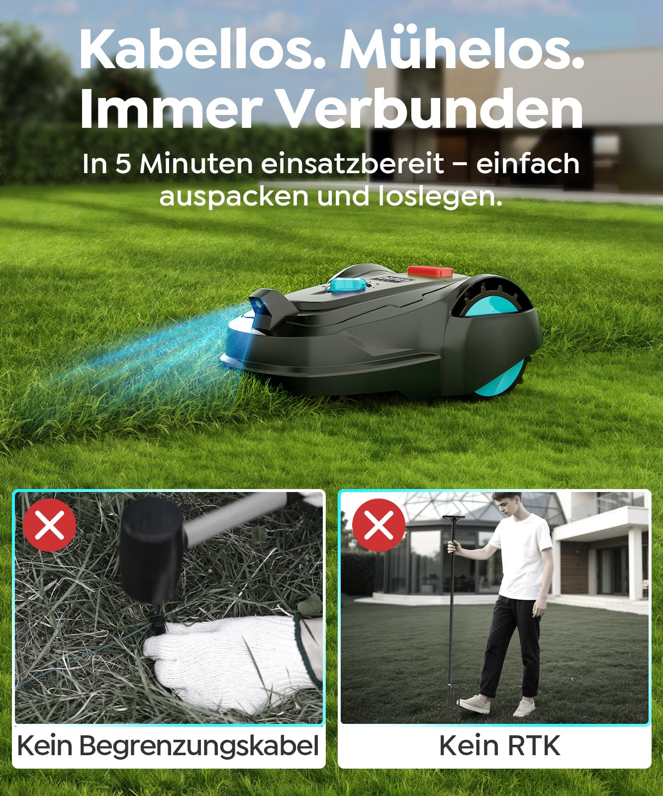 YARDCARE M800Plus Mähroboter, ohne Begrenzungskabel, 800 m², GPS+KI Vision, U-Schnitt, App-Steuerung, Auto-Ladestation, Hindernisvermeidung