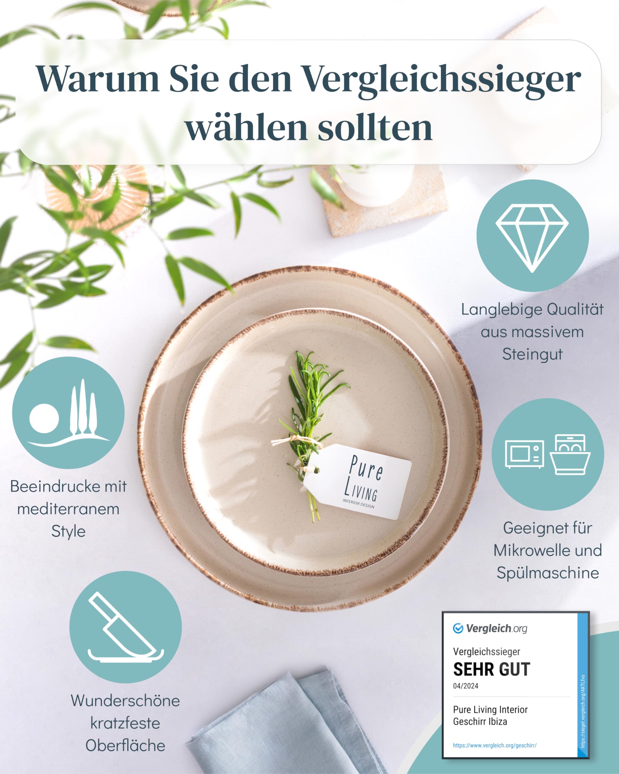 Steingut Geschirrset 6 Personen Rustic 24 tlg. TESTSIEGER, Hochwertiges Landhaussttil Steingut Geschirr Set, Schüssel- und Teller Set, Tafelservice