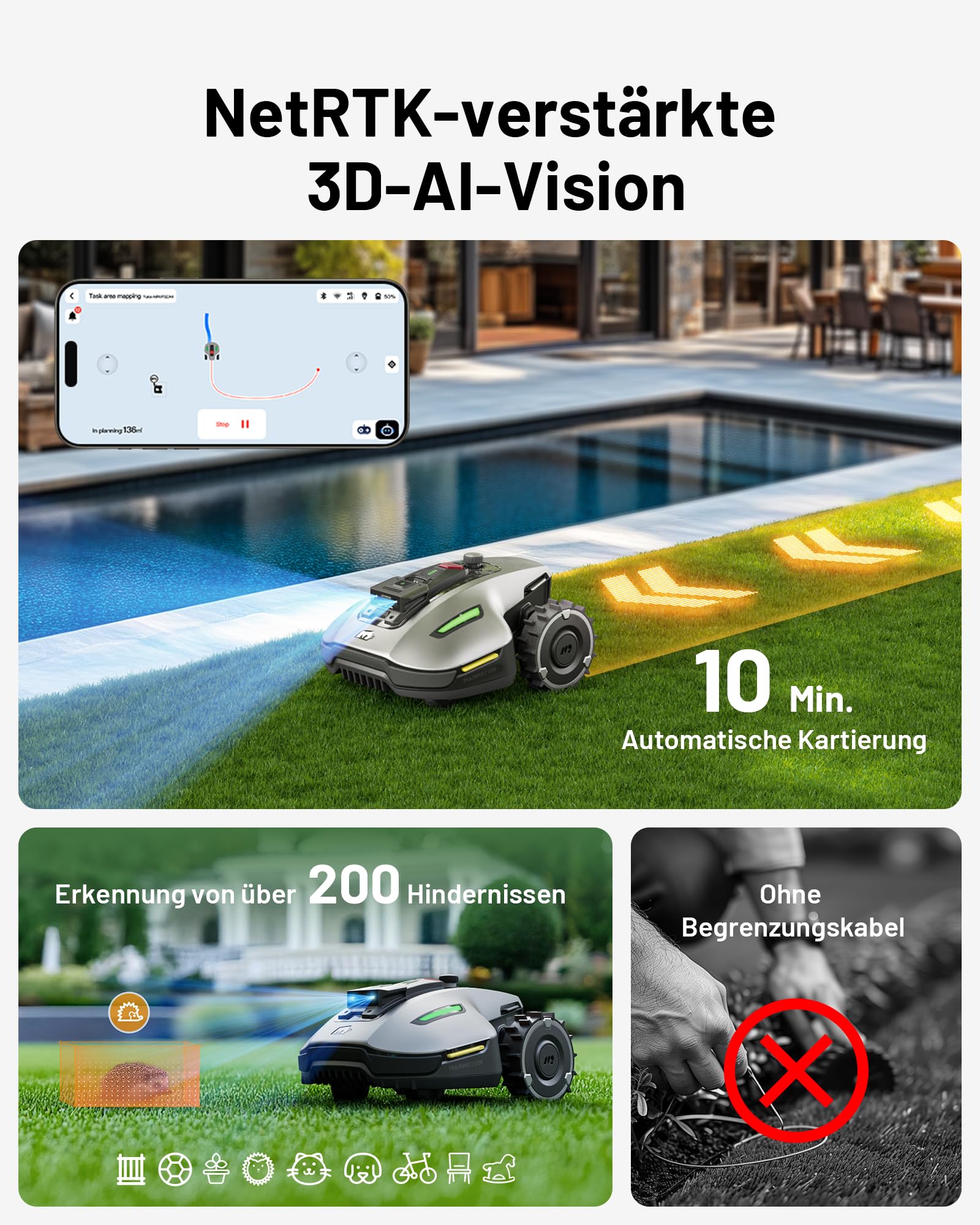 MAMMOTION YUKA Mini 700 Mähroboter mit Garage, NetRTK+Vision, Auto-Kartierung, bis 1100 m² (empf. 700 m²), 4G, 50 % Steigung, keine RTK-Antenne nötig