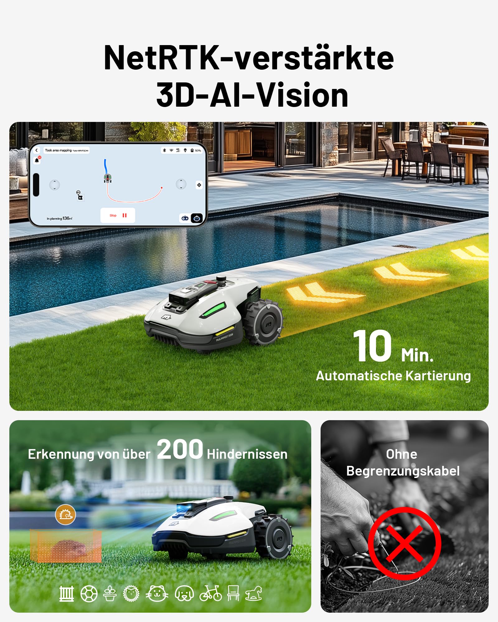 MAMMOTION YUKA Mini 500 Mähroboter ohne Begrenzungskabel (bis 500 m², NetRTK+Vision, KI-Hindernisvermeidung, App-Steuerung mit 4G, 50% Steigung)
