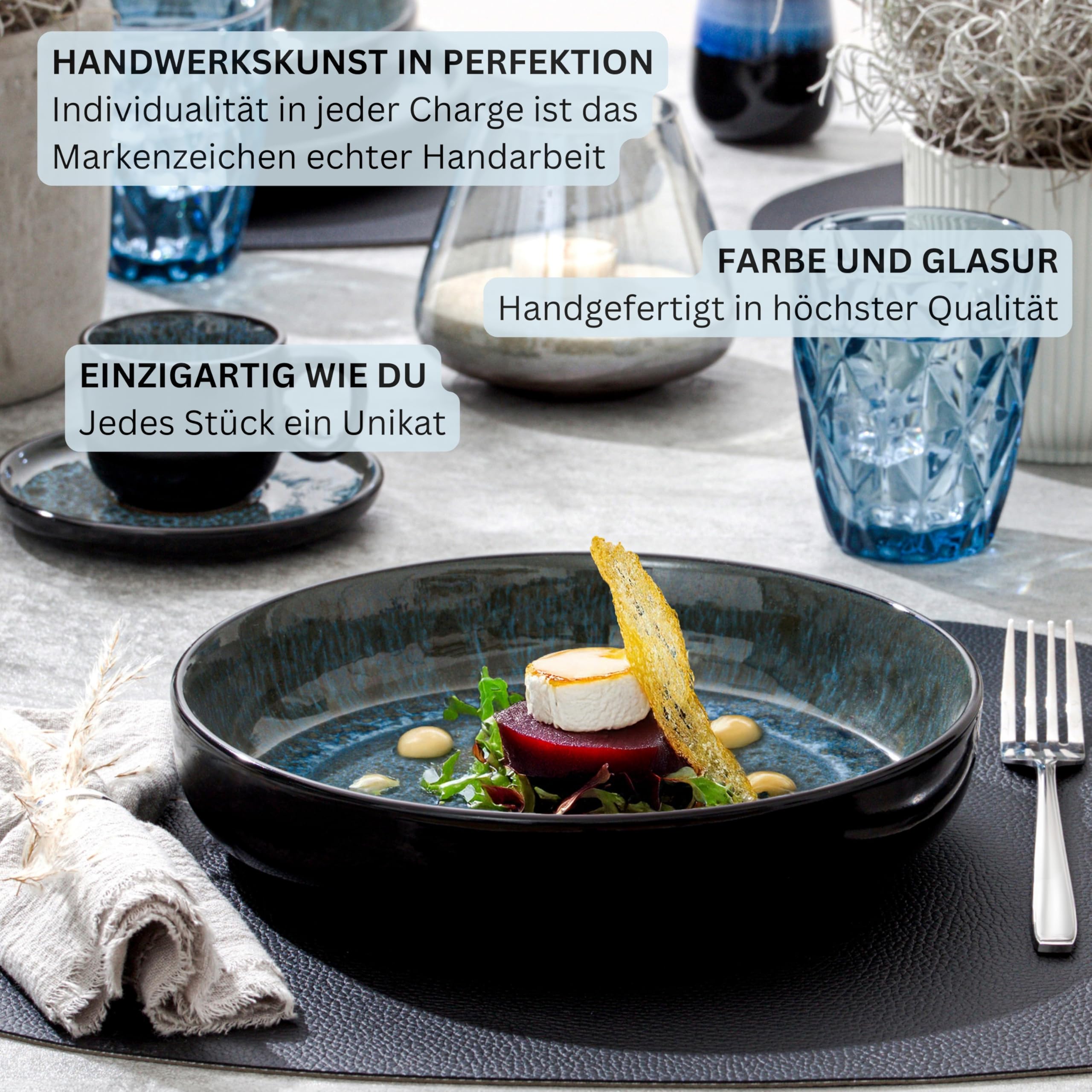 SÄNGER Manila | Kombiservice 6 Personen, Teller Set Kaffeebecher Pastaschale 30 tlg, Steingut Geschirr Set spülmaschinen- mikrowellen- kratzfest