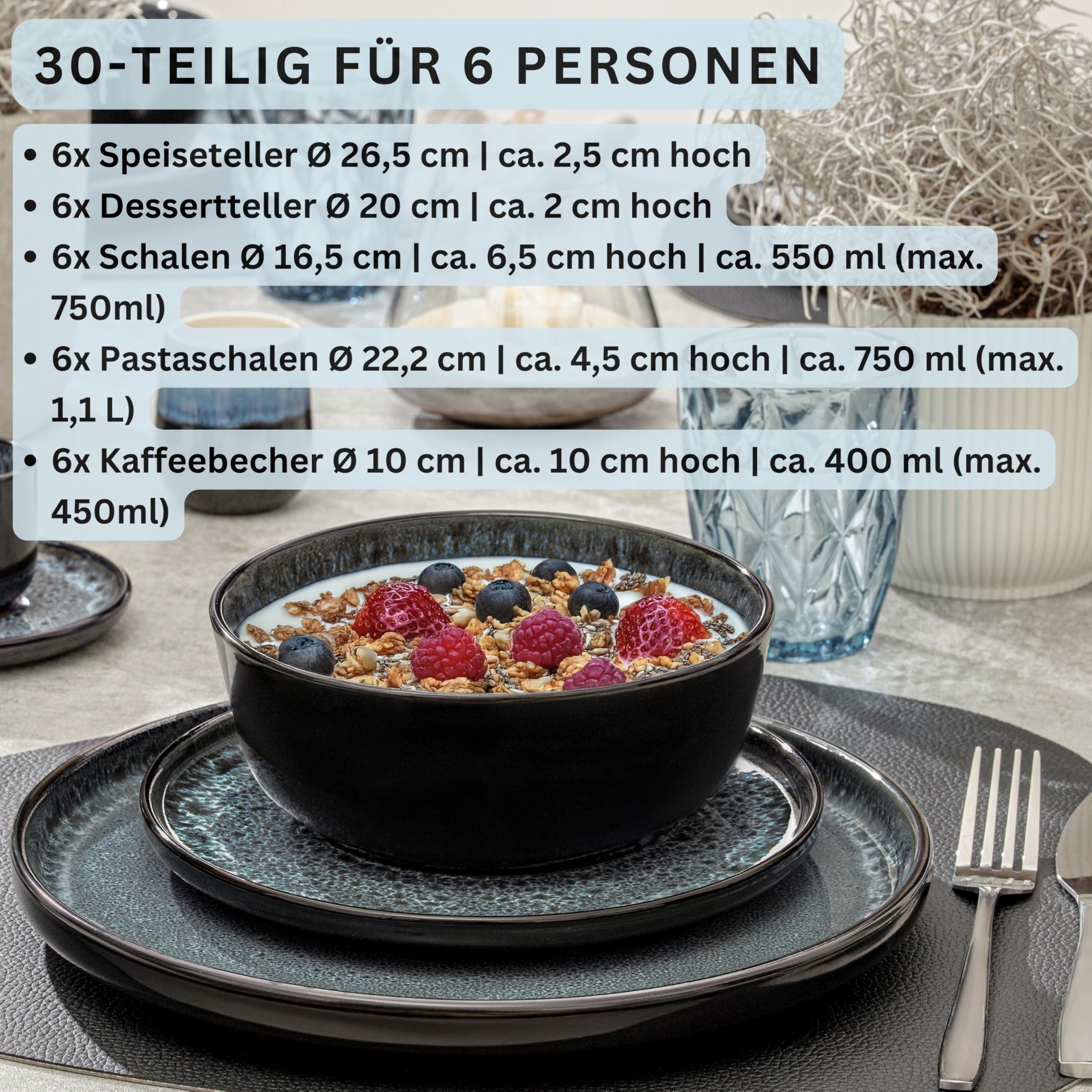 SÄNGER Manila | Kombiservice 6 Personen, Teller Set Kaffeebecher Pastaschale 30 tlg, Steingut Geschirr Set spülmaschinen- mikrowellen- kratzfest