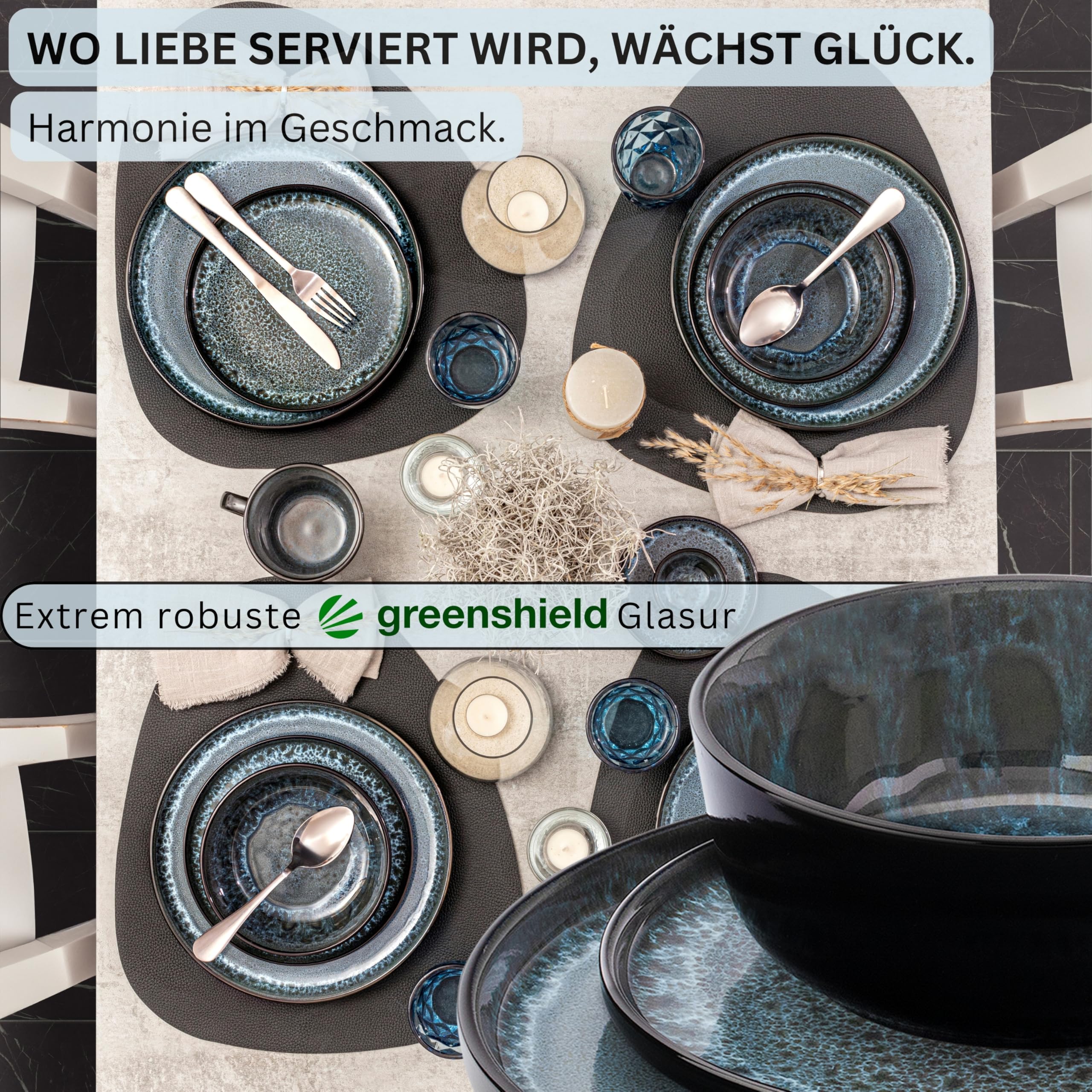 SÄNGER Manila | Kombiservice 6 Personen, Teller Set Kaffeebecher Pastaschale 30 tlg, Steingut Geschirr Set spülmaschinen- mikrowellen- kratzfest